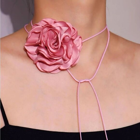 Pink flower choker S401 - Picture 1 of 4